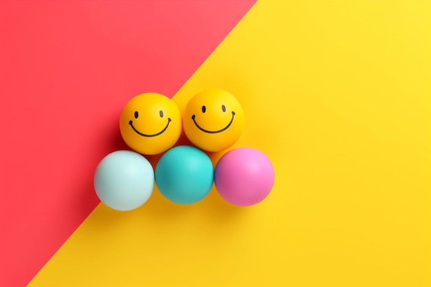 Cheerful smiley face made of yellow plastic balls on orange background