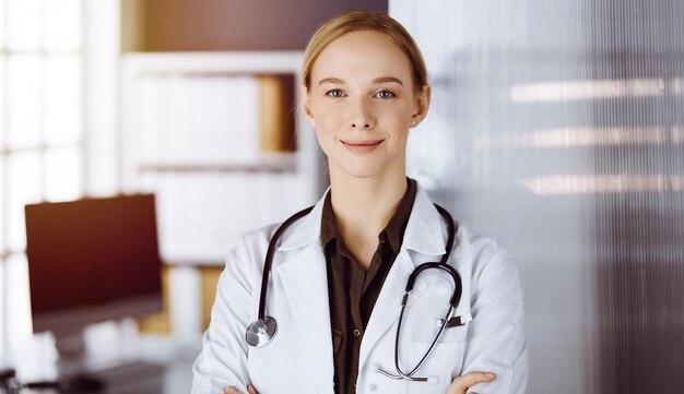 Фото Весёлая улыбающаяся женщина-врач, стоящая в клинике портрет дружелюбной женщины-врача медицинская служба в больнице медицинская концепция