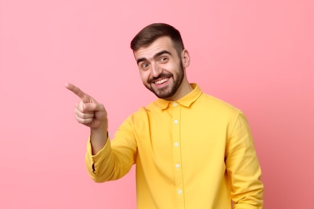 Cheerful smiling guy introduce banner pointing hand left