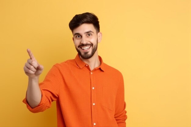 Cheerful smiling guy introduce banner pointing hand left