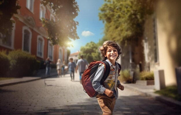 Cheerful smiling little boy with big backpack walking and having fun against street Happy young schoolboy looking at camera School concept Back to school Joyful male student excited in schoolyard