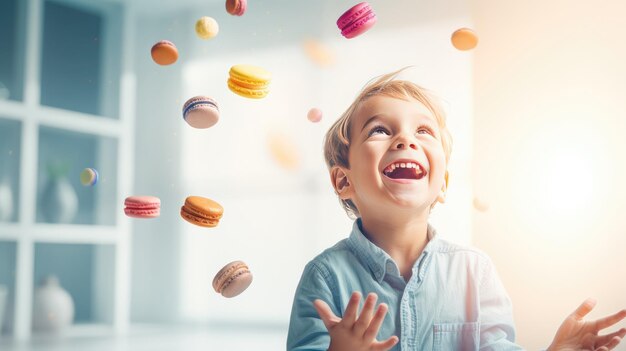 Cheerful Smiling little boy with colorful flying macaroons