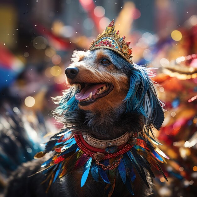 Cane di razza pura allegro e sorridente con accessori di piume che partecipa al tradizionale festival di carnevale locale