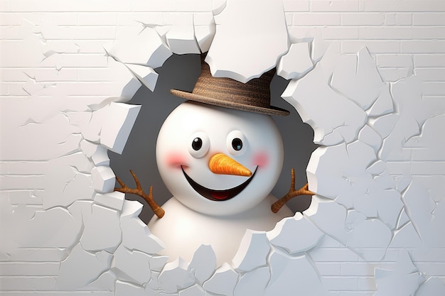 Cheerful smiling snowman in a hat in 3D style breaks through a white wall