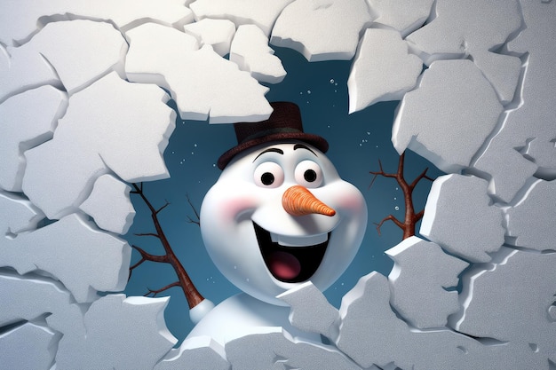 Cheerful smiling snowman in a hat in 3D style breaks through a white wall