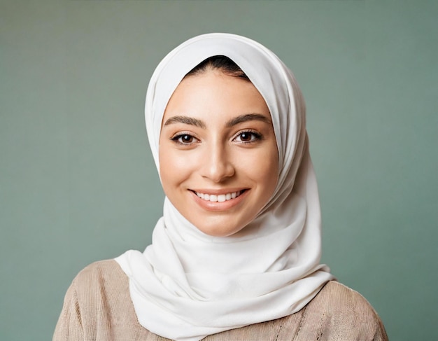 cheerful smiling young brunette woman wearing white hijab