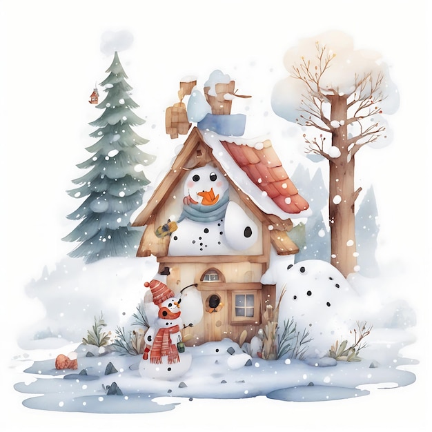 Cheerful Snow House Festive Watercolors at Christmas