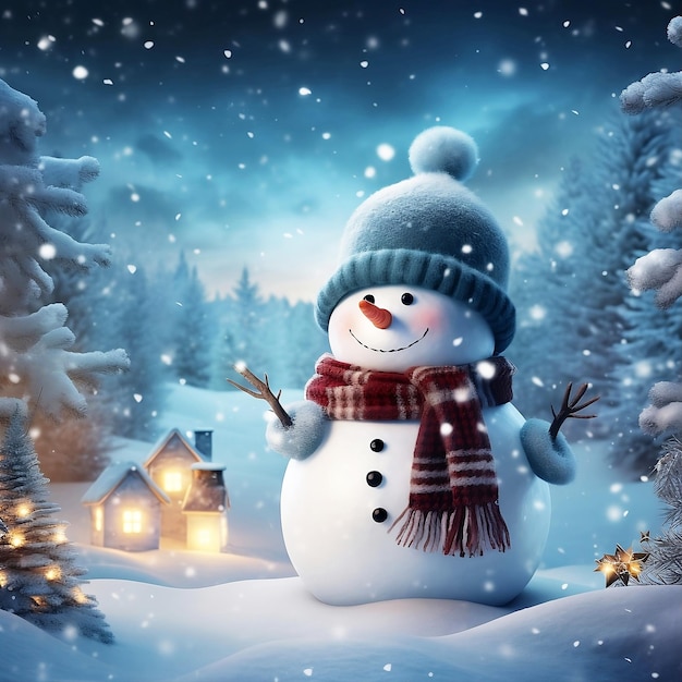 Веселый снеговик в шляпе и шарфе стоит возле домов, которые расположены недалеко от леса