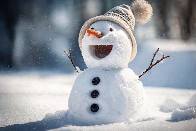 Cheerful snowman outdoors in winter smiling holiday background