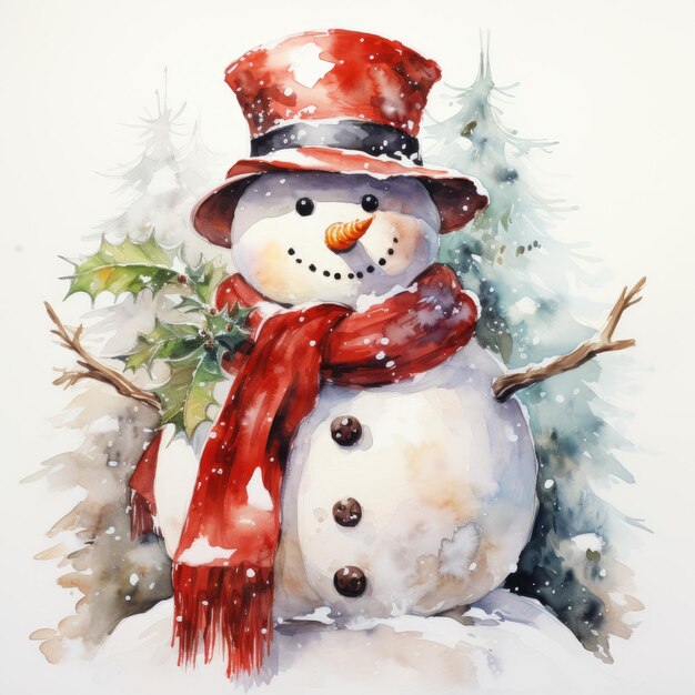 Cheerful snowman in a scarf Christmas watercolor illustration Generative AI