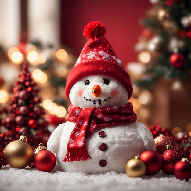Photo a cheerful snowman set against a decorative christmas background slightly blurred