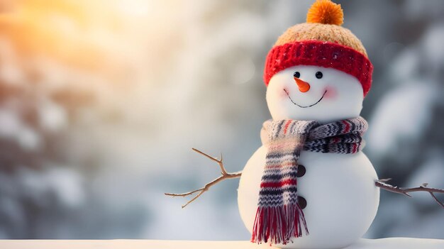 A cheerful snowman wearing a hat and scarf on the right blurred background with bokeh effectchristmas banner with space for your own content light color background