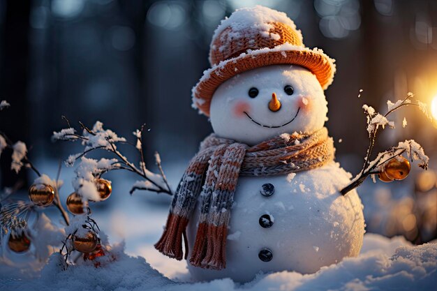 Веселый снежный человек в зимней сцене со снежным городским фоном, излучающим праздничный дух