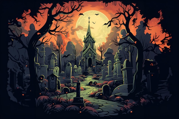 Cheerful Spooky Graveyard Under Moonlit Night