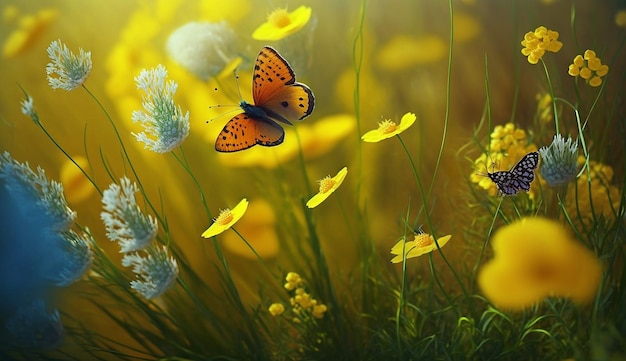 Cheerful spring summer shot of yellow flowers with butterflies Nature background concept