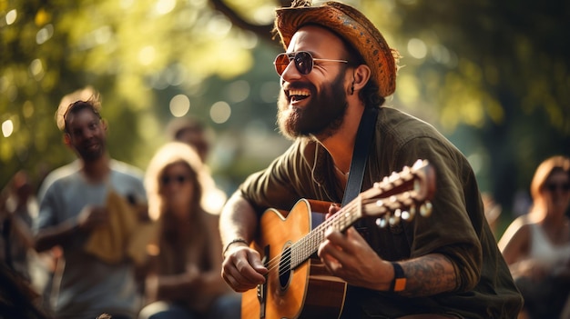 Cheerful street musicians performing in city park on sunny summer day