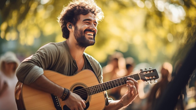 Cheerful street musicians performing in city park on sunny summer day