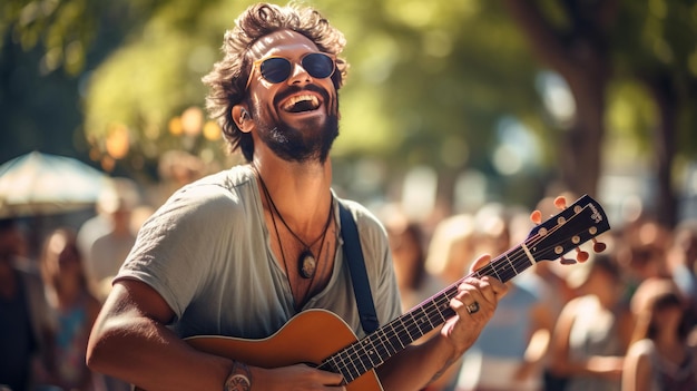 Cheerful street musicians performing in city park on sunny summer day