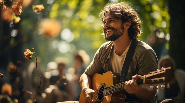 Photo cheerful street musicians playing a guitar