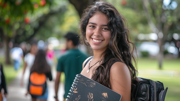 Photo cheerful student carrying notebook college campus scene