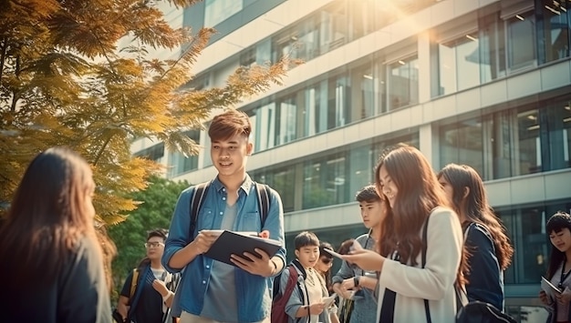 A cheerful student holding a book and beaming with joy on campus first days at uni concept