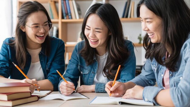Photo cheerful students studying together in a library
