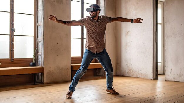 cheerful stylish male wearing vr headset stretching out arms and smiling while dancing