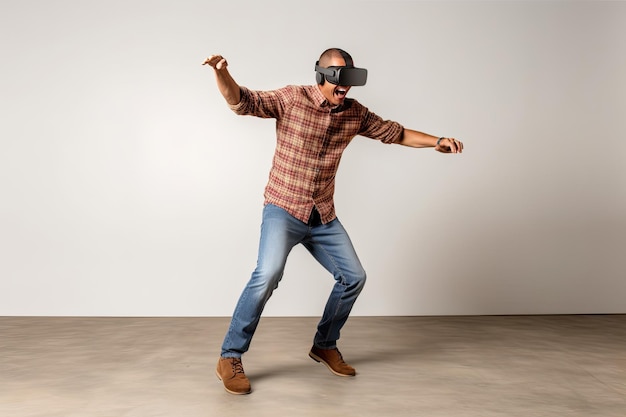 cheerful stylish male wearing vr headset stretching out arms and smiling while dancing