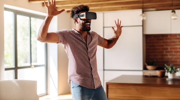 cheerful stylish male wearing vr headset stretching out arms and smiling while dancing