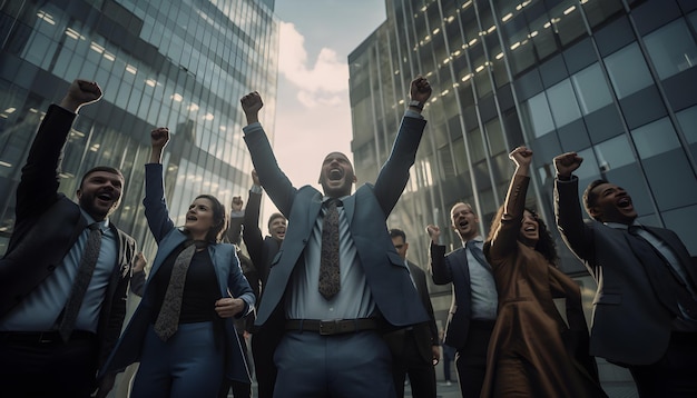 Cheerful successful business people fist up in the air