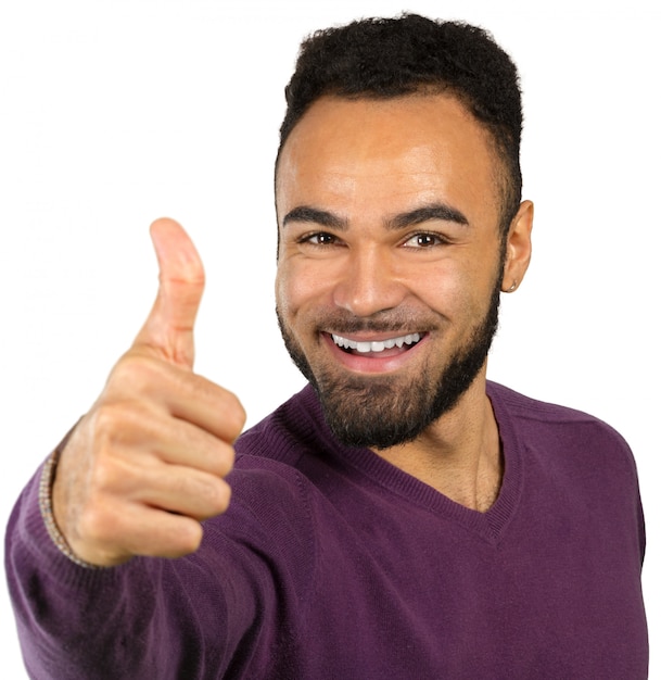 Cheerful successful young black businessman isolated on white