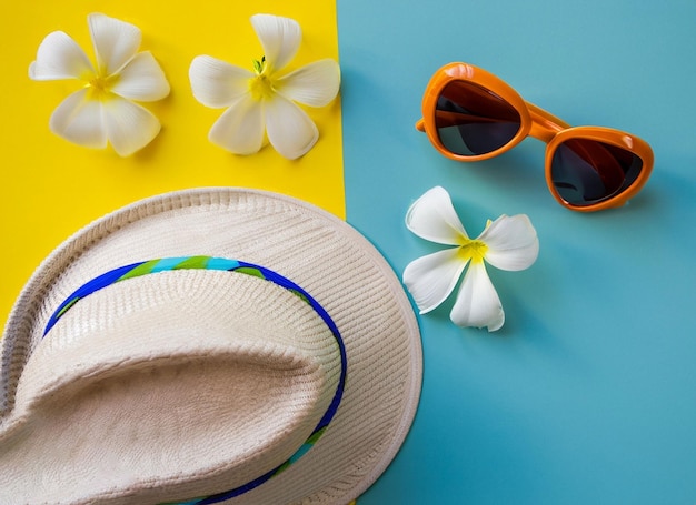 A cheerful summer composition of a single hat sunglasses