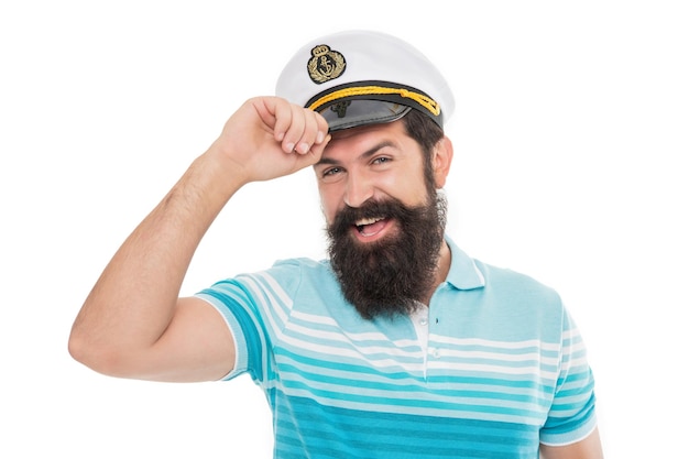 Photo cheerful summer man on background photo of summer man in captain hat summer man isolated on white summer man in studio