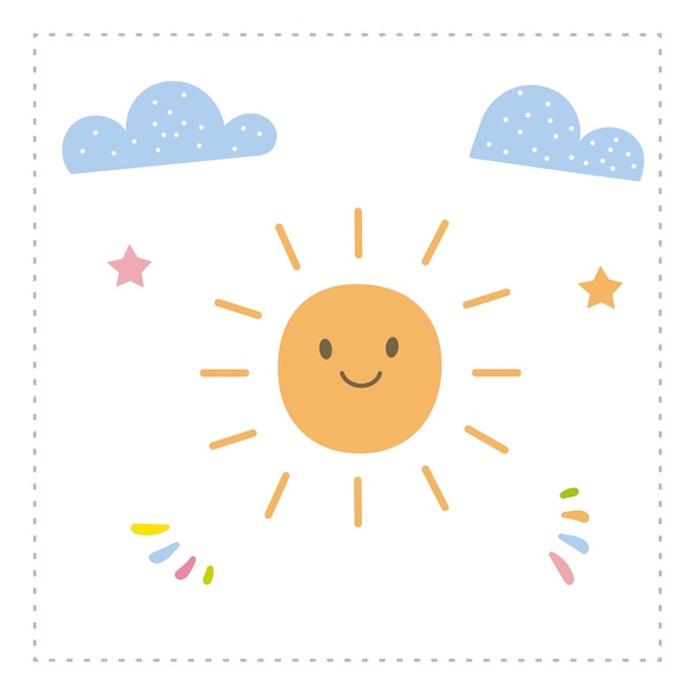Cheerful sun clouds and stars illustration ideal for kids decor prints or playful designs