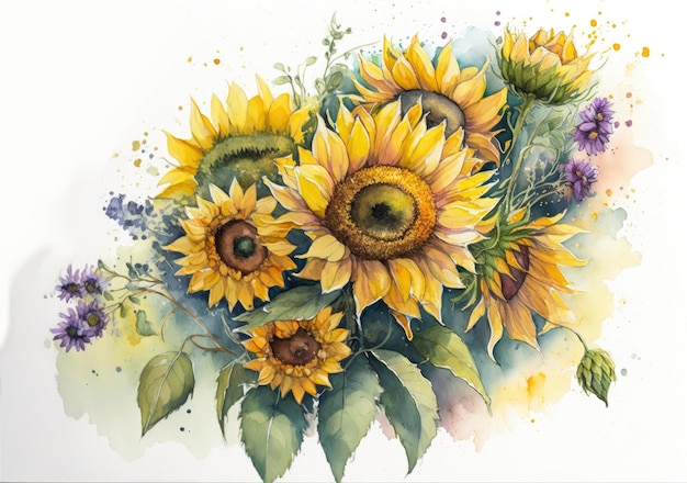 Cheerful Sunflower Bouquet in Watercolors