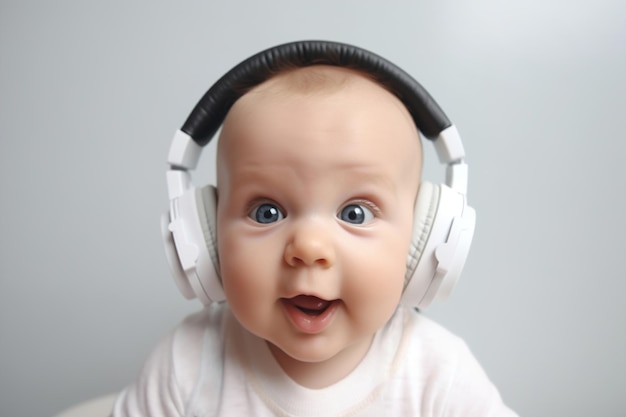 Photo cheerful surprised baby 6 months old wearing headphones to listen to music music with a positive effect on the concept of cognitive development of the child generative ai