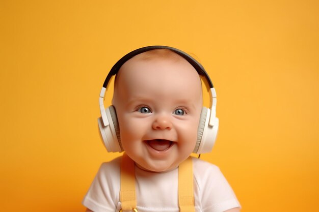 Cheerful surprised baby 6 months old wearing headphones to listen to music music with a positive effect on the concept of cognitive development of the child generative ai