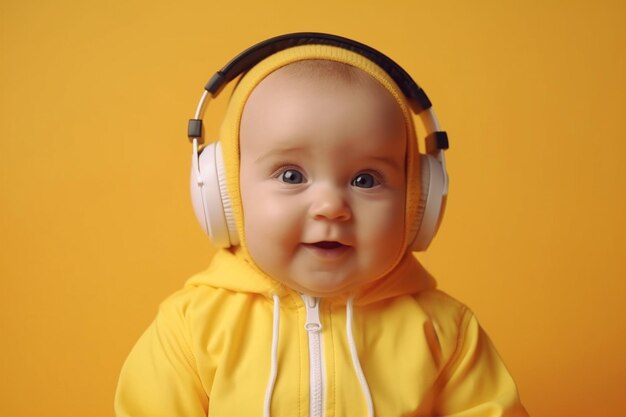 Cheerful surprised baby 6 months old wearing headphones to listen to music music with a positive effect on the concept of cognitive development of the child generative ai