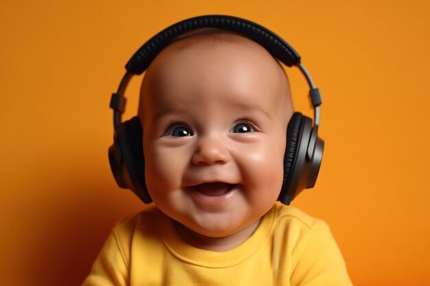 Cheerful surprised baby 6 months old wearing headphones to listen to music music with a positive effect on the concept of cognitive development of the child generative ai