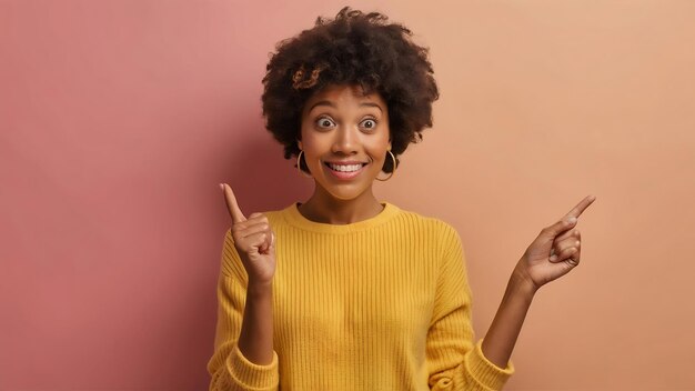 Cheerful surprised young pretty african american woman points at herself asks who me smiles broadly