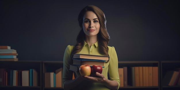 Веселый учитель с книгами и свежим яблоком ярко улыбается Генеративный ИИ