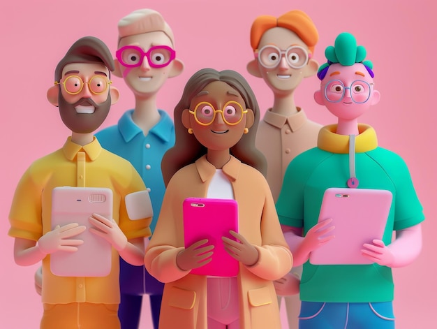 Photo cheerful team of cartoon characters with tablets