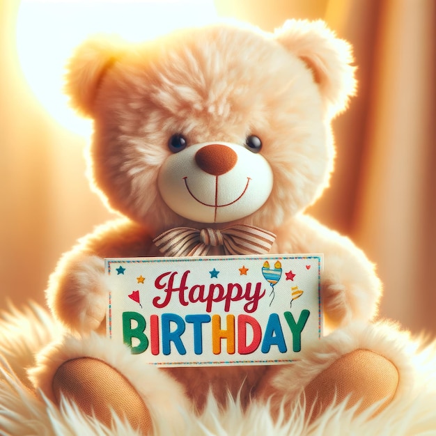 Photo cheerful teddy bear with birthday banner