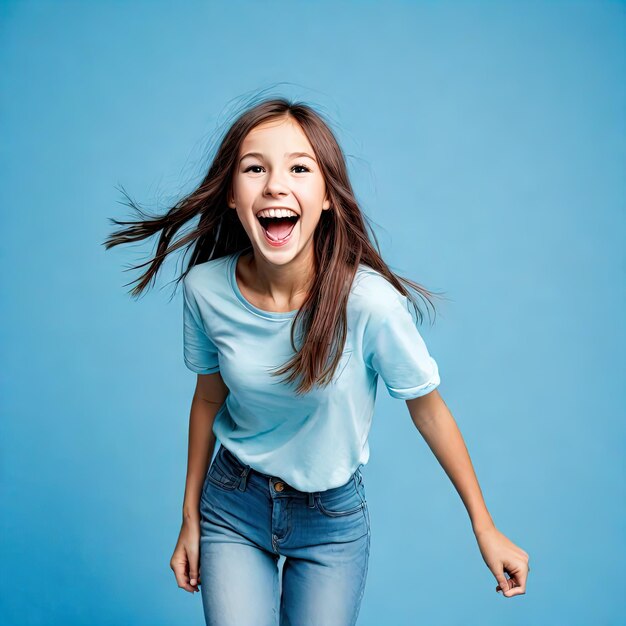 cheerful teen girl in casual clothes dancing in studiohappy teen girl in denim jacket and blue denim