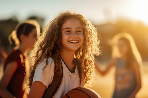 Cheerful teenager portrait holding a basketball ball in hands outdoor during sunset