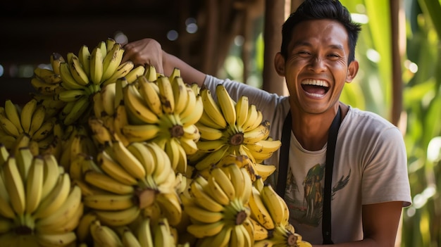 cheerful Thai man with a bunch of bananas