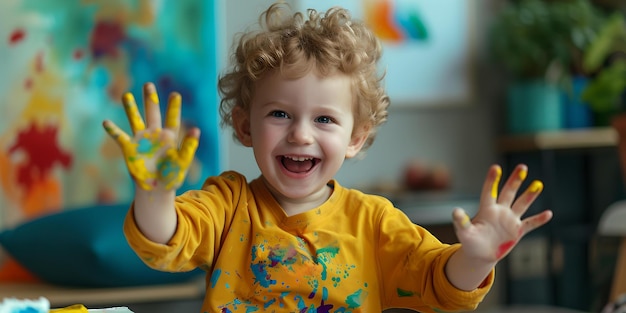 Веселый малыш показывает руки, покрытые краской после игры в искусстве, радостную творческую деятельность, невинную улыбку детей в художественной обстановке, откровенный момент, зафиксированный ИИ.