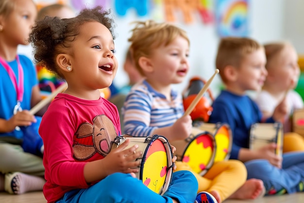 Фото Веселые малыши играют на тамбурине в музыкальном классе дошкольного возраста