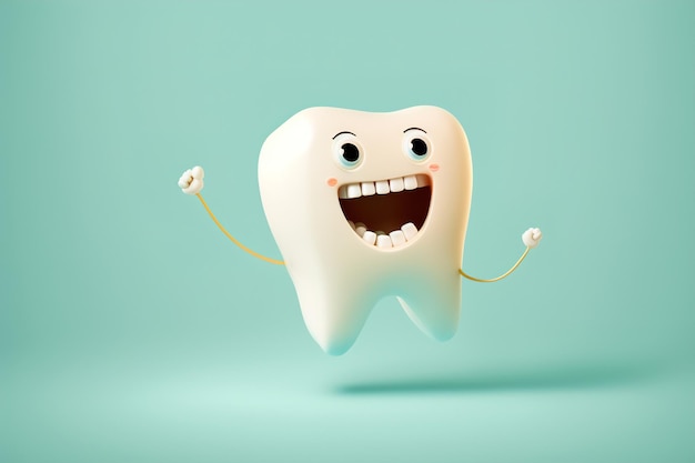 Cheerful tooth on a light background with copy space Clean and healthy teeth concept Generative ai