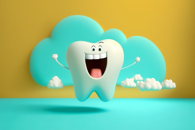 Cheerful tooth on a light background with copy space Clean and healthy teeth concept Generative ai